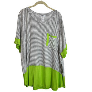 MoaMoa Womens Plus Size Tee 3X Gray White Bright Green Color Block Artsy